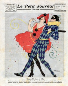 Carnival celebrations, Couple dressed as Harlequin and Columbine, with confetti and streamers, Frontpage of French newspaper Le Petit Journal Illustre, March 5, 1922, Private Collection, (Photo by Leemage/UIG via Getty Images)